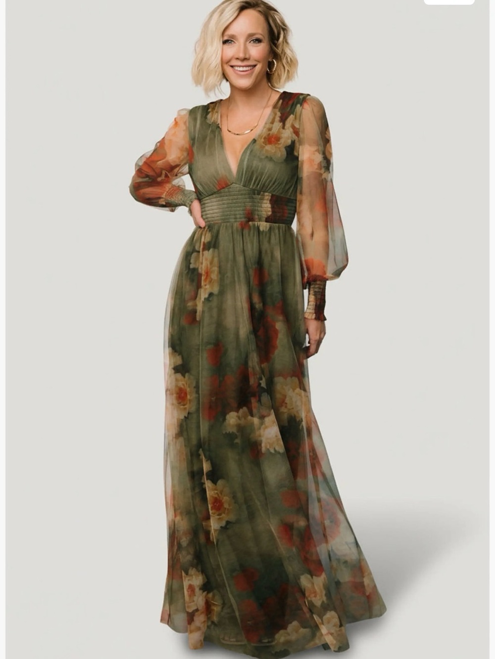 Baltic Born Layla Tulle Maxi Dress, Size Large, Olive and Rust, NWT